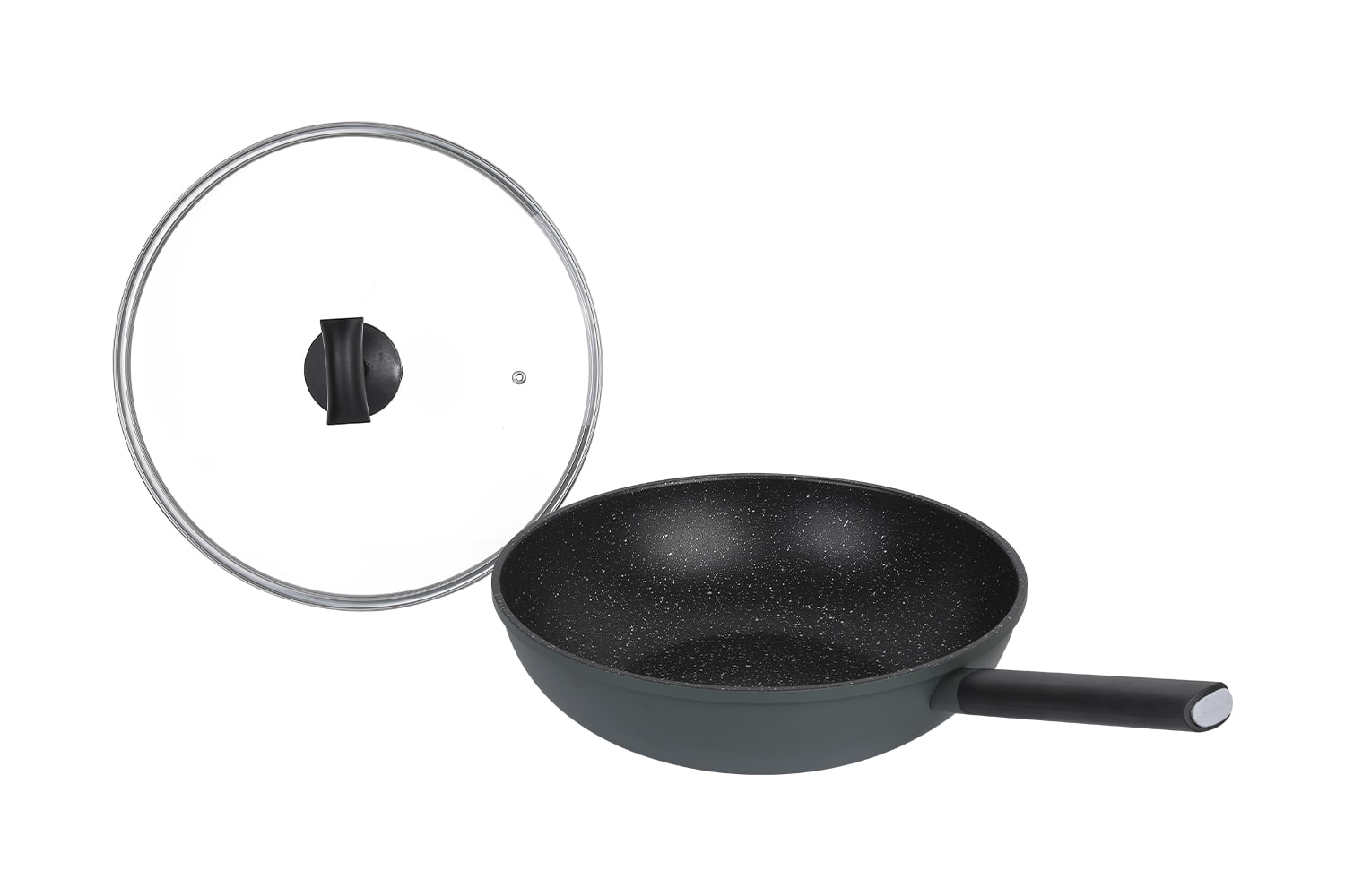 CF-CLB3263D Imitation wok moulé sous pression-avec couvercle en verre, imitation pierre médicale moulée sous pression 32 wok antiadhésif