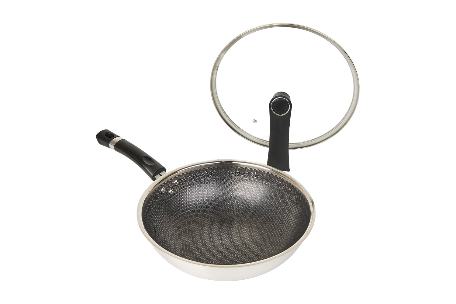 Wok en acier inoxydable CF30C-CJ538 avec couvercle en verre, revêtement antiadhésif gravé, résistant aux rayures, domestique