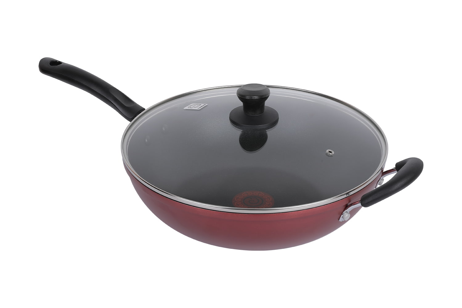 CF32C-CJ772 Flaming Wok-Avec couvercle en verre imitation moulage sous pression tampographie flamboyant point rouge 32 wok antiadhésif