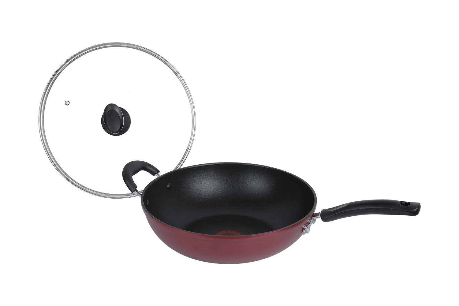 CF32C-CJ772 Flaming Wok-Avec couvercle en verre imitation moulage sous pression tampographie flamboyant point rouge 32 wok antiadhésif