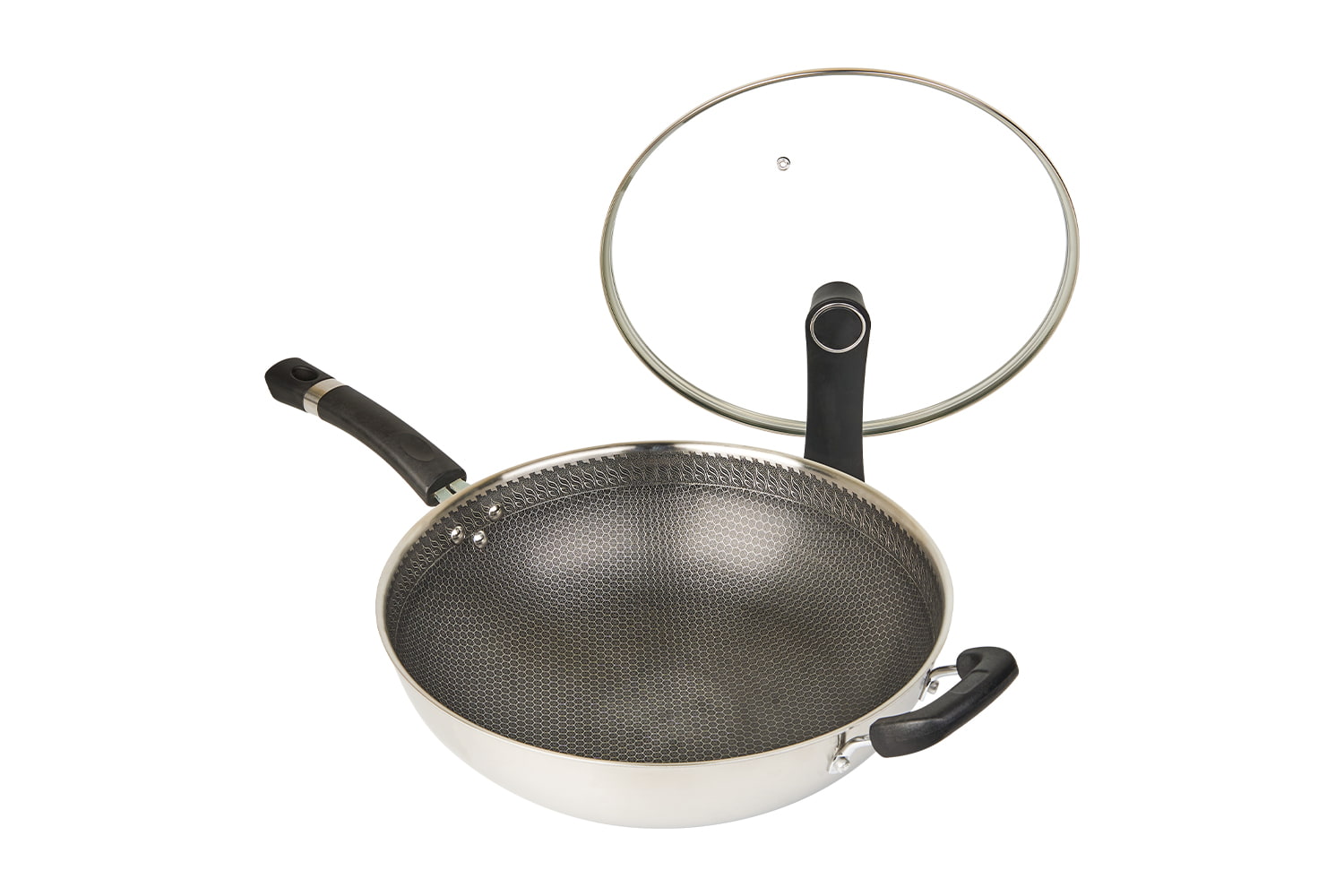 Wok en acier inoxydable CF34C-CJ598 avec couvercle en verre, revêtement antiadhésif gravé, résistant aux rayures, domestique